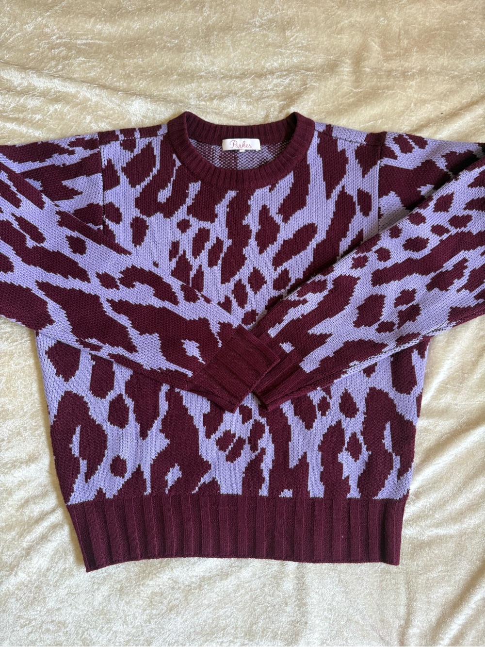 Parker Women's Maroon and Lavender Animal Print Crewneck Sweater